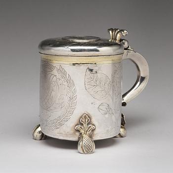 Lars Månsson, dryckeskanna, silver, (verksam i Lidköping -1639-1662-). Barock.