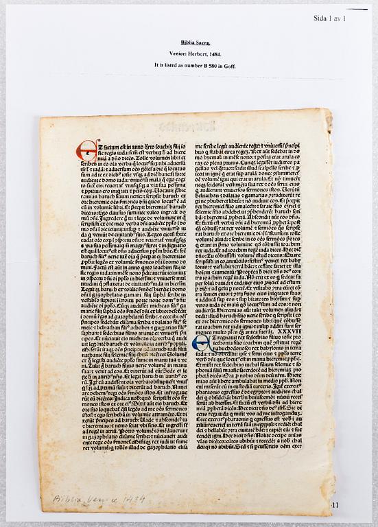Leaves of Italian Incunabula / Printed leaves of the 1400s.