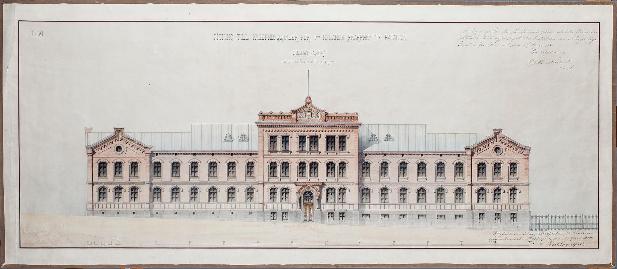 ARKITEKTRITNING, akvarell, daterad 27 april 1882 i Helsingfors.