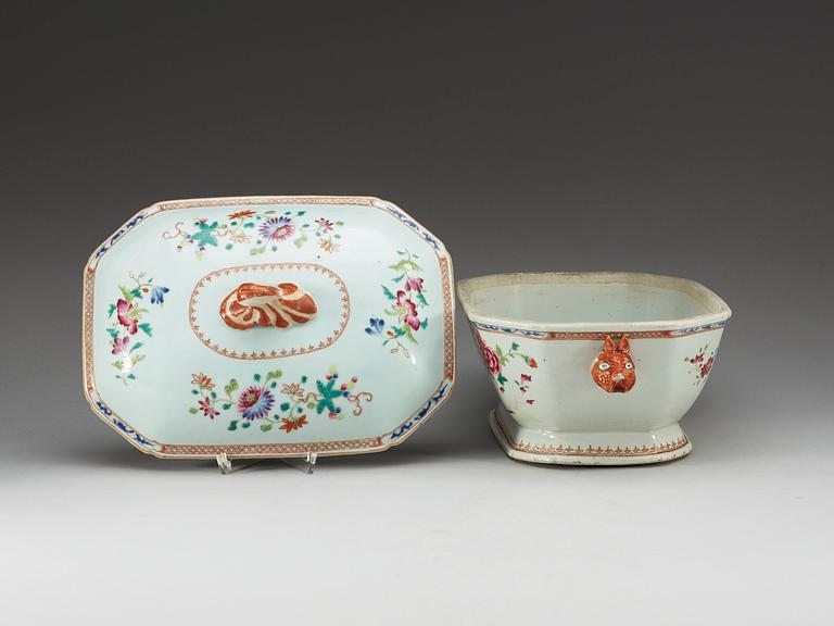 A famille rose 'double peacock' tureen with cover and stand, Qing dynasty, Qianlong (1736-95).