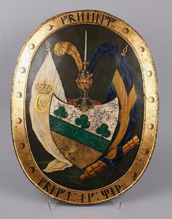 VAPENSKÖLD, bemålad plåt, Sverige, 1800-talets mitt.