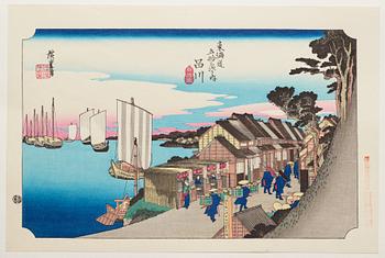 ANDO HIROSHIGE, senare avdrag, mapp, "The fifty-three stations on the tokaido", utgiven av Kata Hanga Kenkyujo.