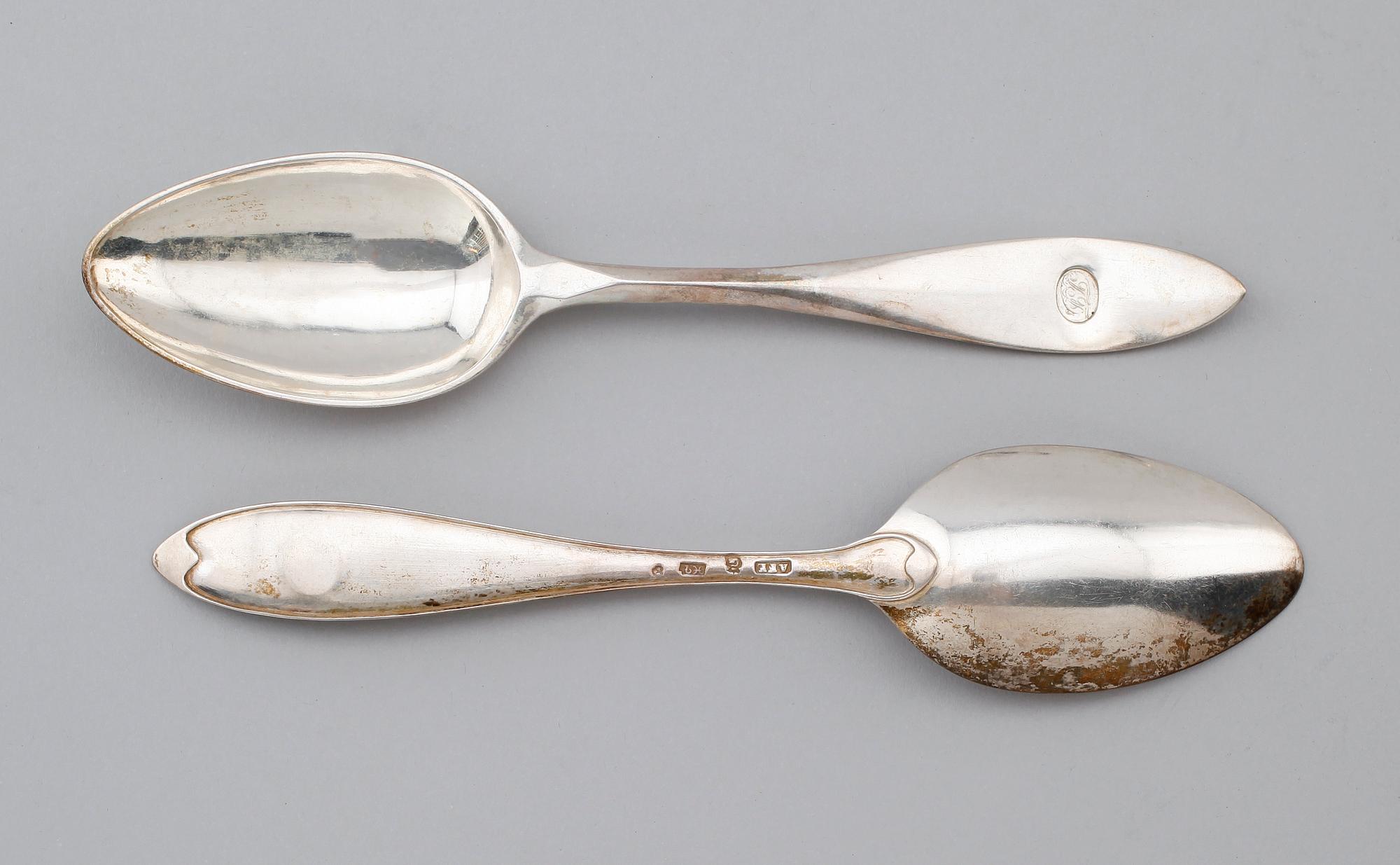 MATSKEDAR, 12 st, silver, Adolf Fredrik Ekeberg, Göteborg 1804. Vikt ca 496 gram.