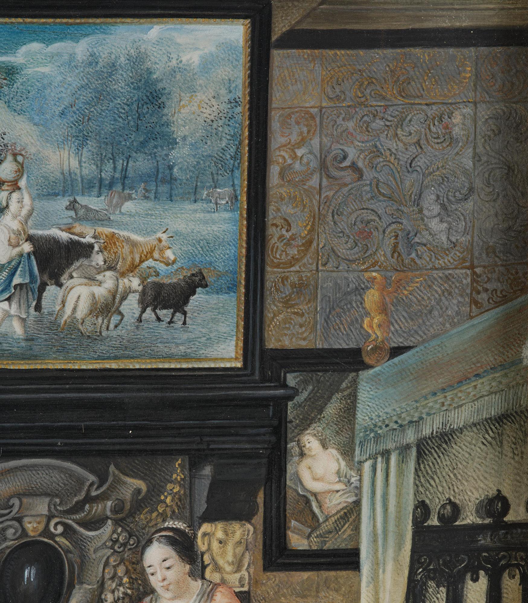 Jean Briand de Crèvecoeur, Bedchamber interior with figures, dog, and paintings by Jan Siberechts.