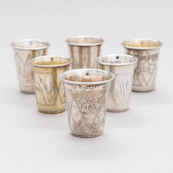 A set of six silver vodka cups, Kyiv and Vilnius, late 19th and early 20th Century.