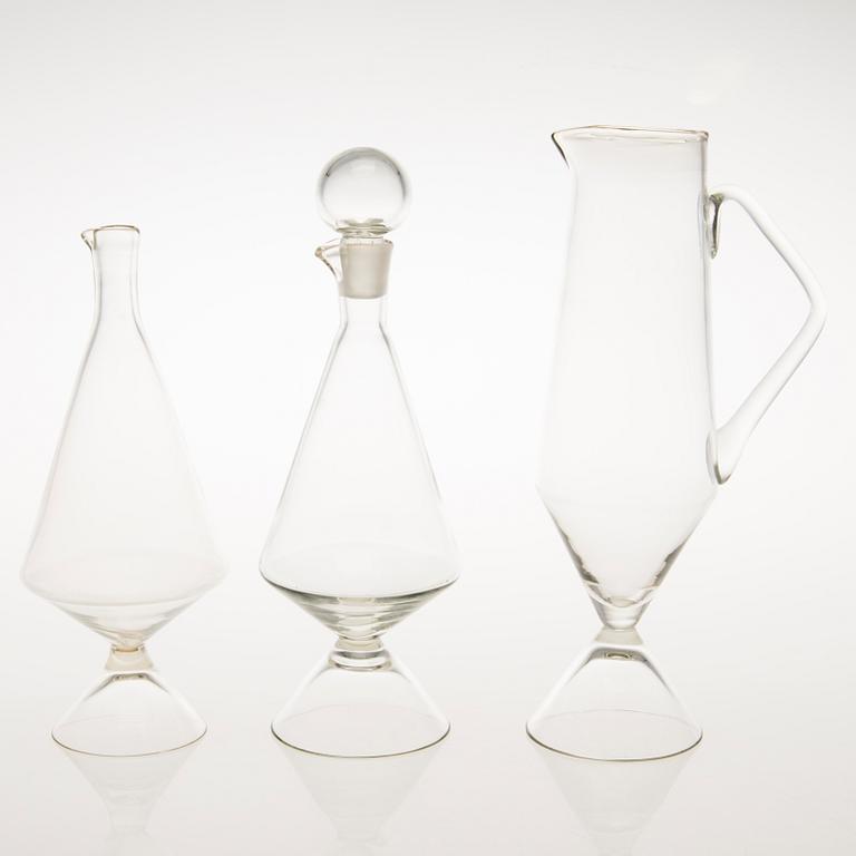 TAMARA ALADIN, Three clear glass decanters of the X-series, Riihimäen Lasi 1961-64. Models designed in 1961.