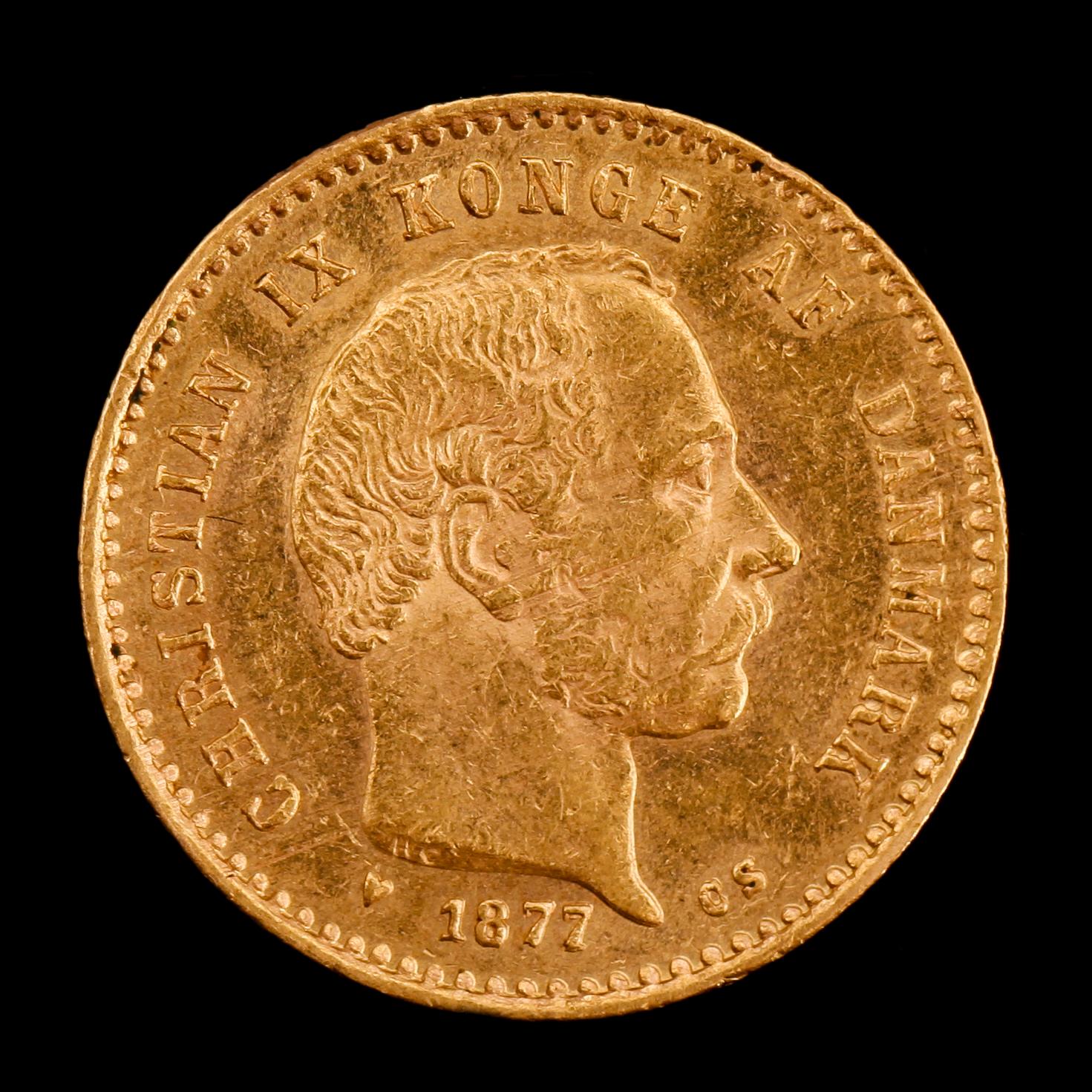 GULDMYNT, Christian IX, Danmark, 1877. Vikt ca 4 g.