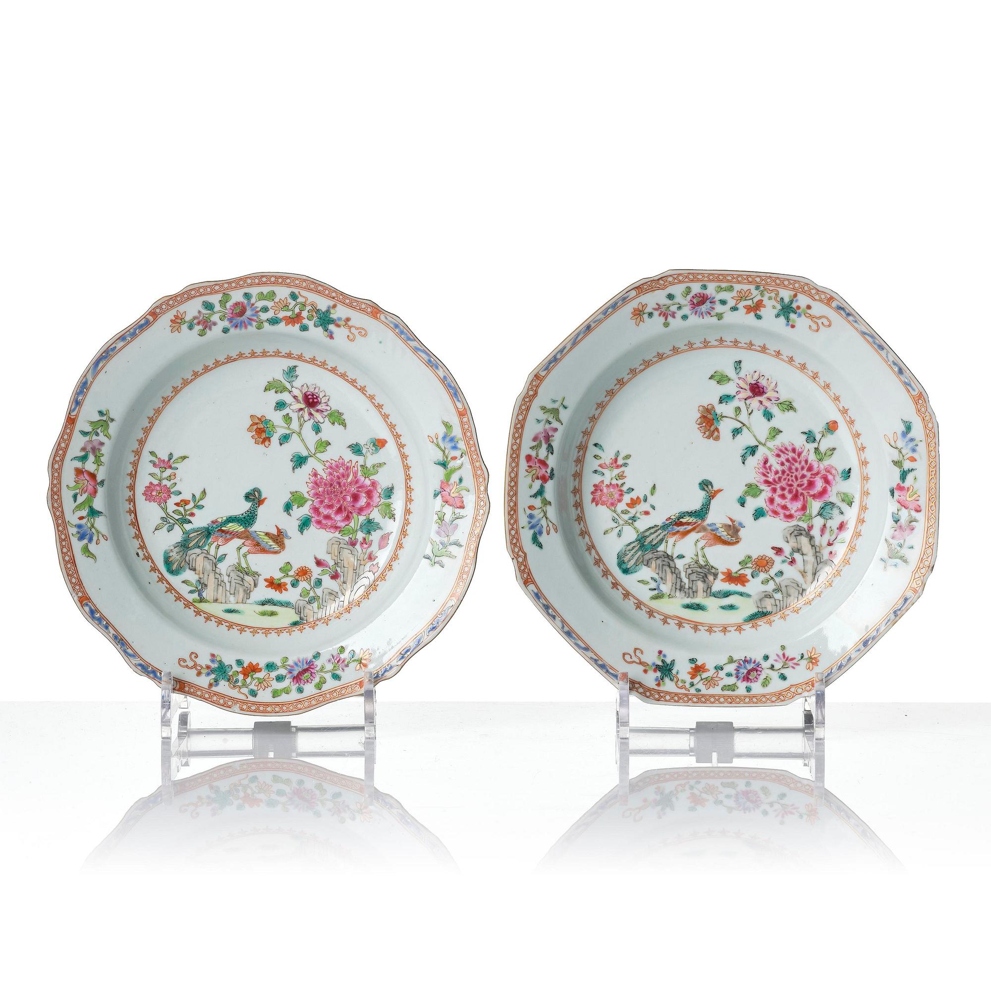 A set of six famille rose 'double peacock' soup dishes, Qing dynasty, Qianlong (1736-95).