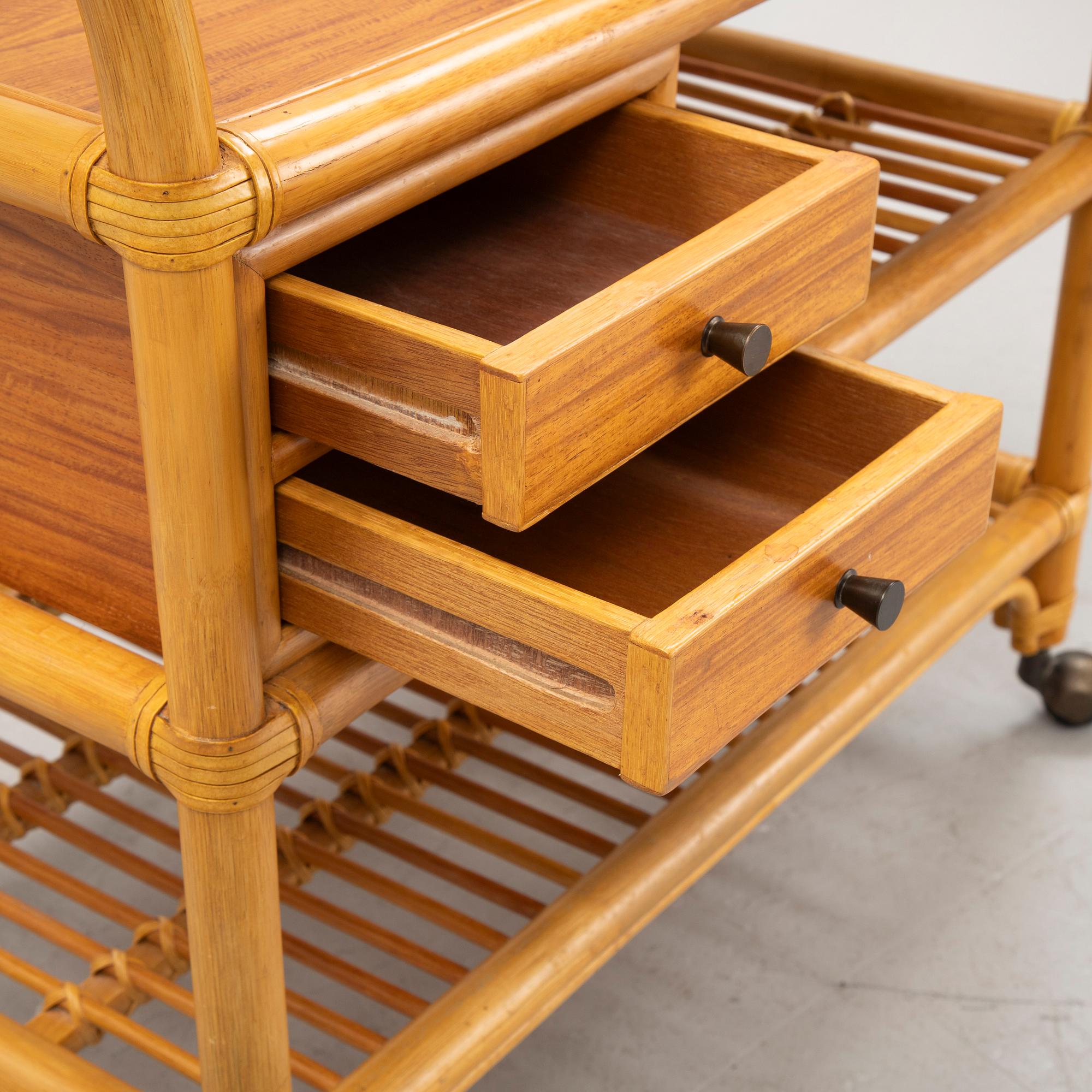 A rattan and bamboo serving trolley, second half of the 20th century.