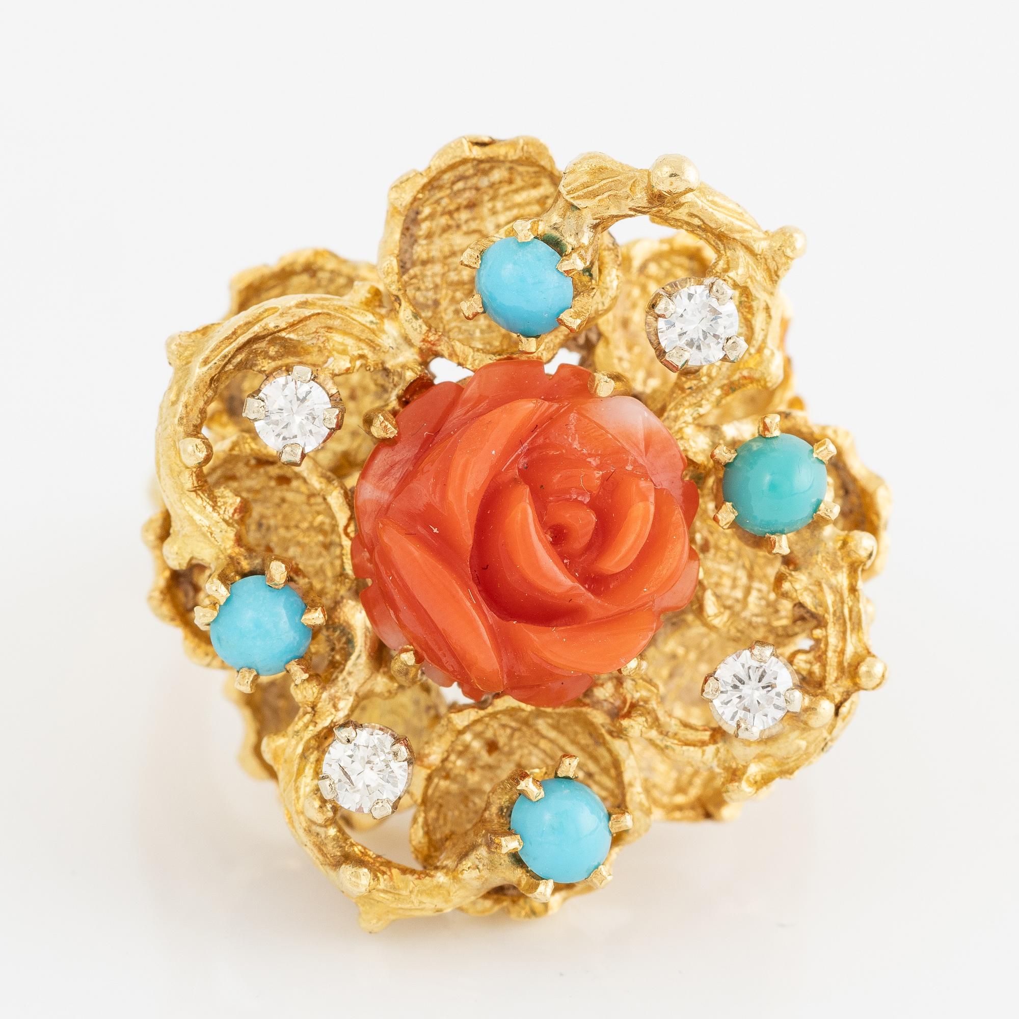 Ring, 18K gold with carved coral in the form of a rose, turquoise, and brilliant-cut diamonds.