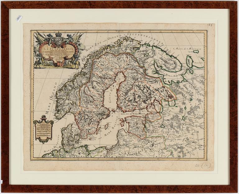 KARTA, kopparstick, "La Scandinavia Divisa nelli suoi Regni di Svezia...", Faldon och Sansa, 16/1700-tal.