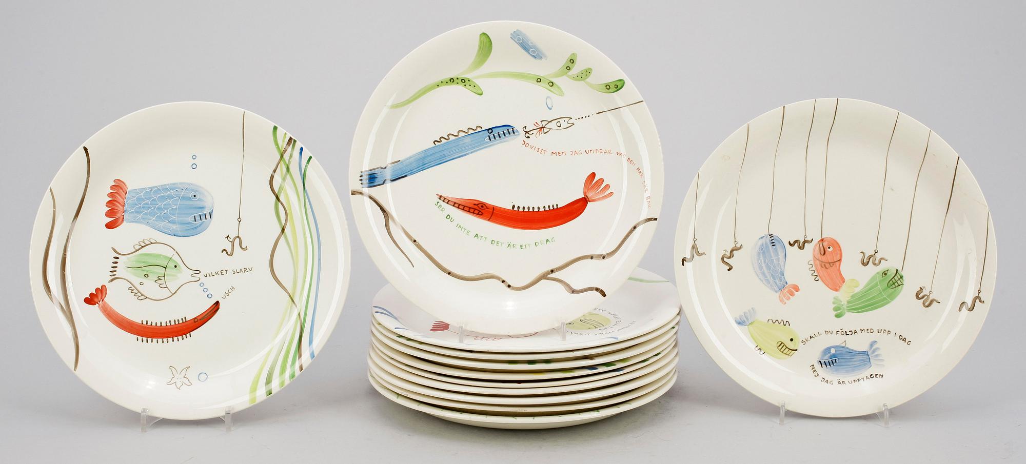 TALLRIKAR, 12 st, flintporslin,  Löja, Stig Lindberg, Gustavsberg, 1948-62.