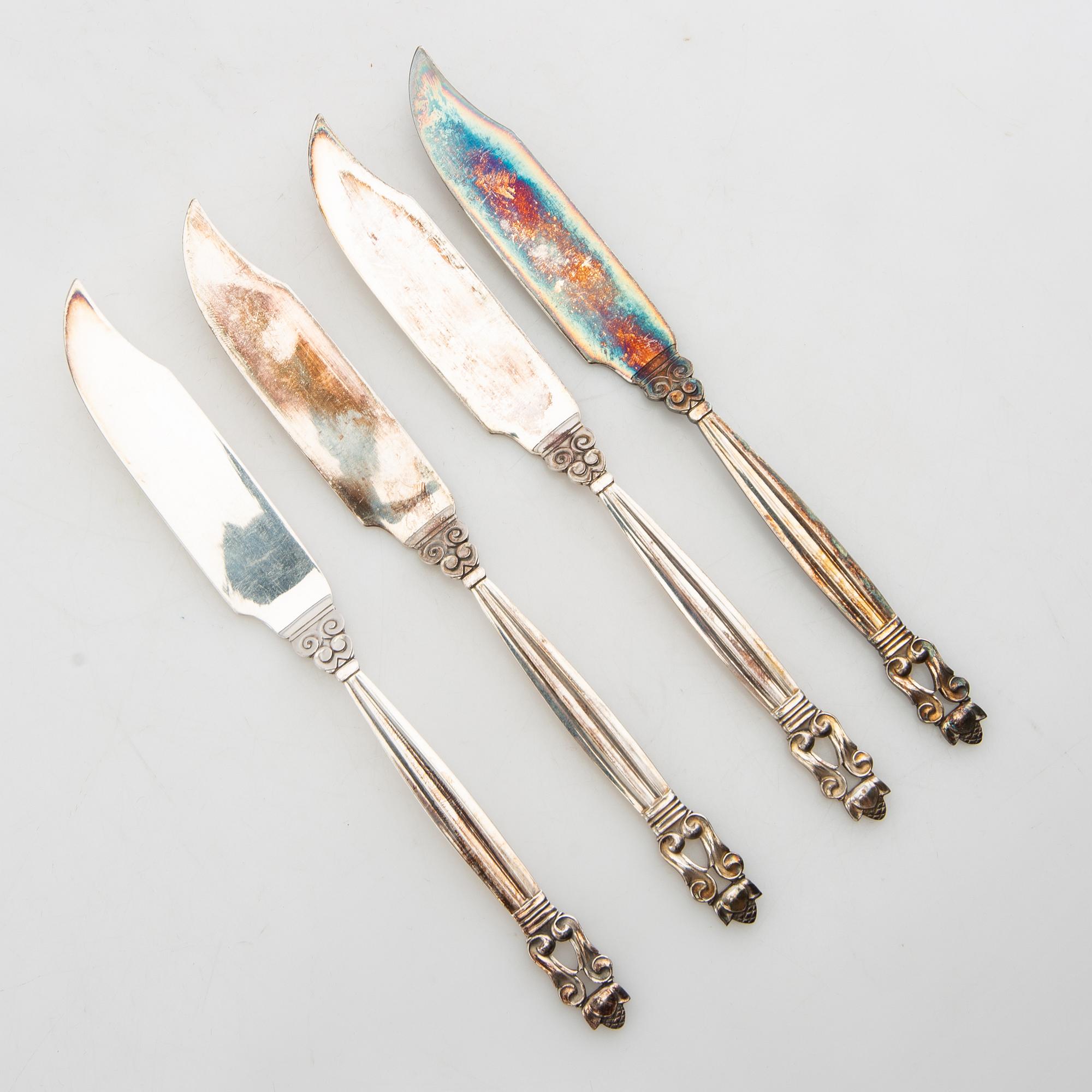 Johan Rohde, fiskknivar 12 st "Konge/Achorn" sterlingsilver för Georg Jensen efter 1945.