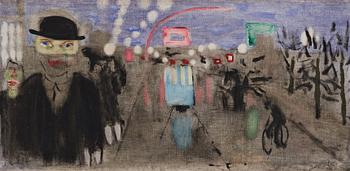 491. Ragnar Sandberg, Cityscape with tram and people.