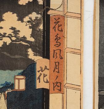 Utagawa Kunisada, Hana (Flowers) Kacho fugetsu no uchi och motiv av kurtisan och tjänare.