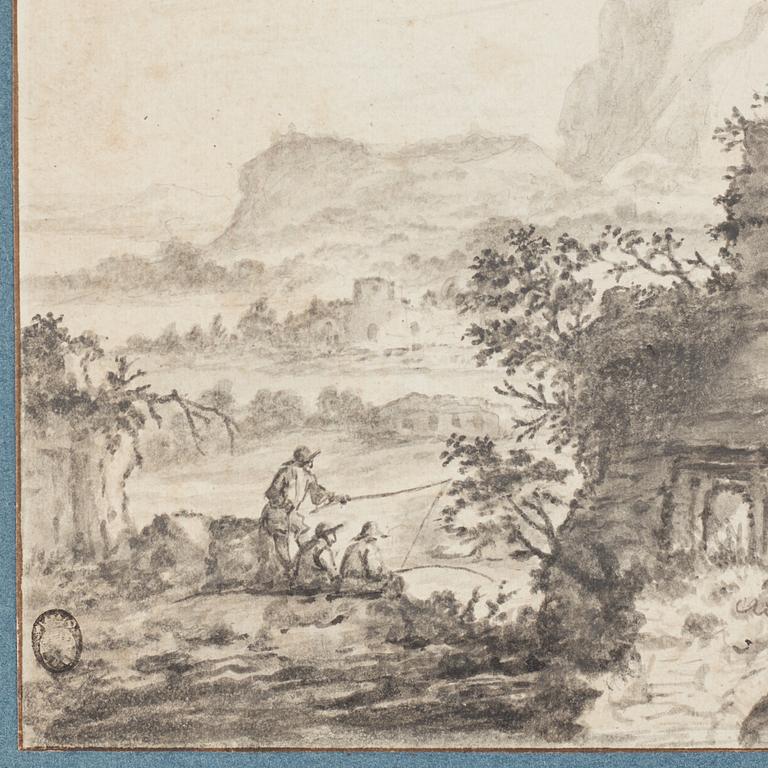 Jacobus Sibrandi Mancadan Circle of, A ruined Building with Anglers nearby.