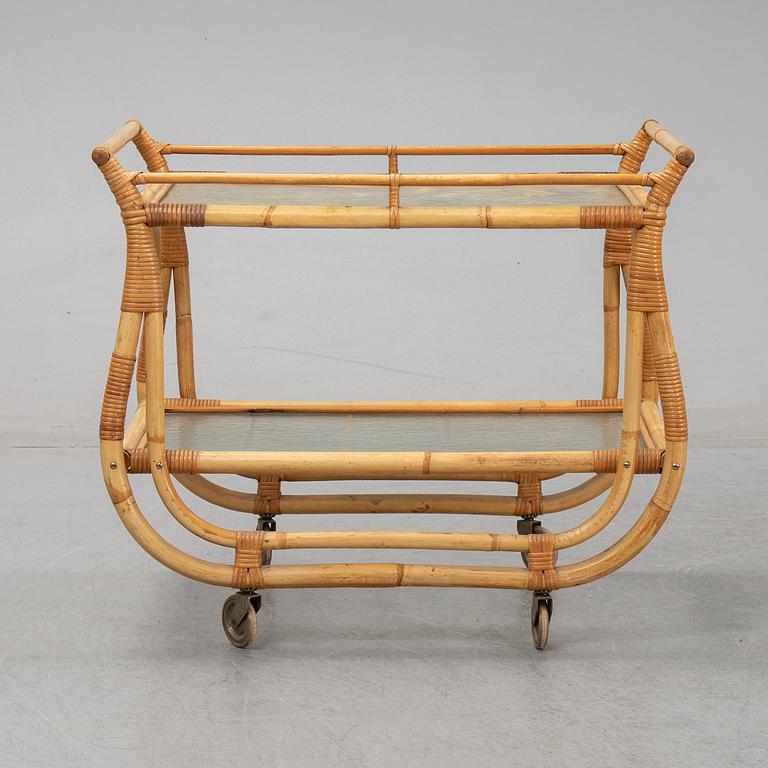 A bamboo and rattan drinks trolley, mid 20th Century.