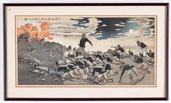 Kobayashi Kiyochika, samt oidentifierad konstnär, triptyker, 2 st, färgträsnitt. Japan, sent 1800/tidigt 1900-tal.