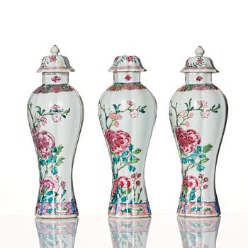 A set of three famille rose vases with covers, Qing dynasty, Qianlong (1736-95).