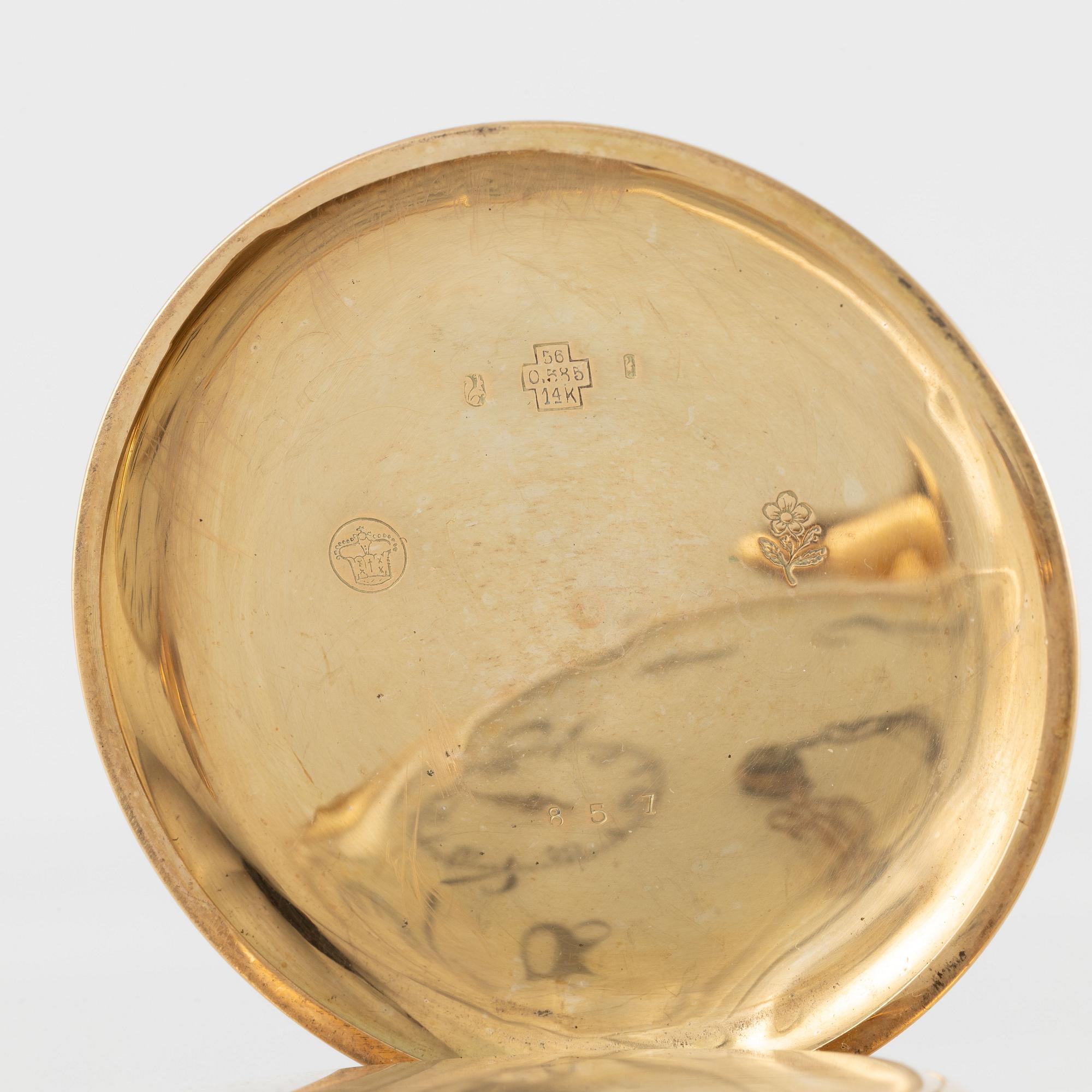 Pocket watch, 14K gold, open face, 57 mm.