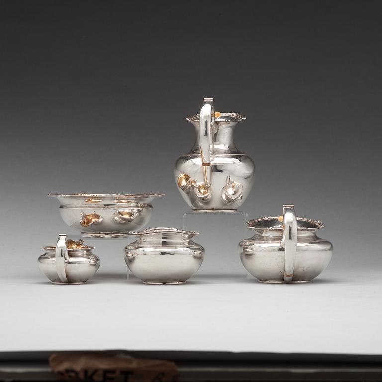 TE- OCH KAFFESERVIS, 5 delar, silver, icke identifierad mästarstämpel FK, S:t Petersburg 1837.