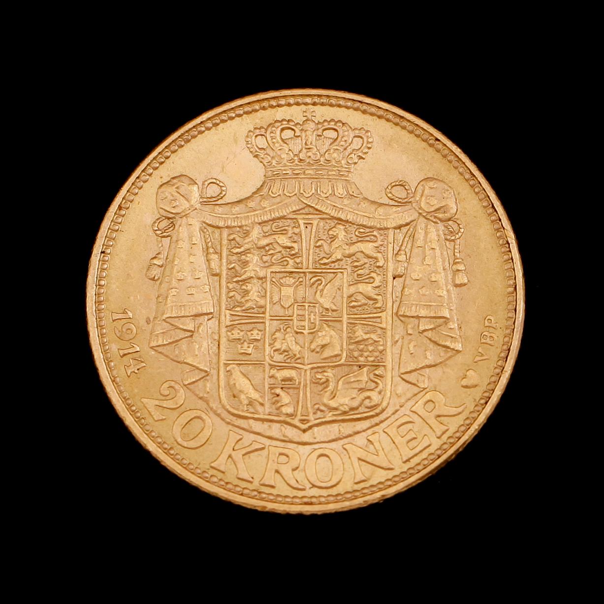 GULDMYNT, 20 kroner, Christian X, Danmark, 1914. Vikt ca 9 gram.