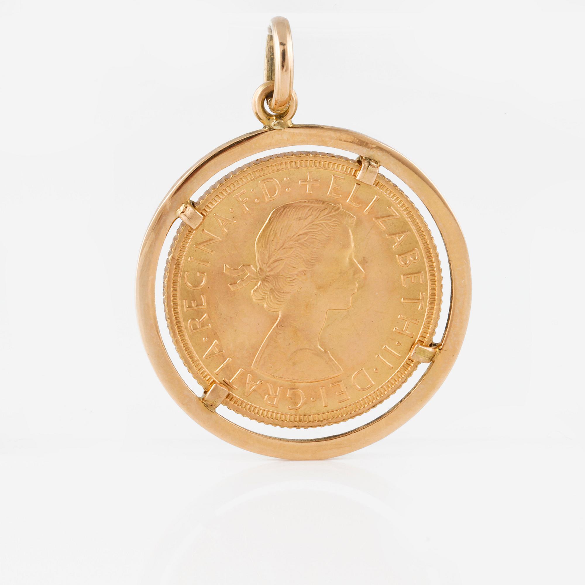 MYNT/HÄNGE, sovereign, Elizabeth II, 1958 Vikt 10,7 gram.