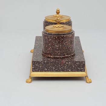 A Swedish Empire-style circa 1900 porphyry desk set.