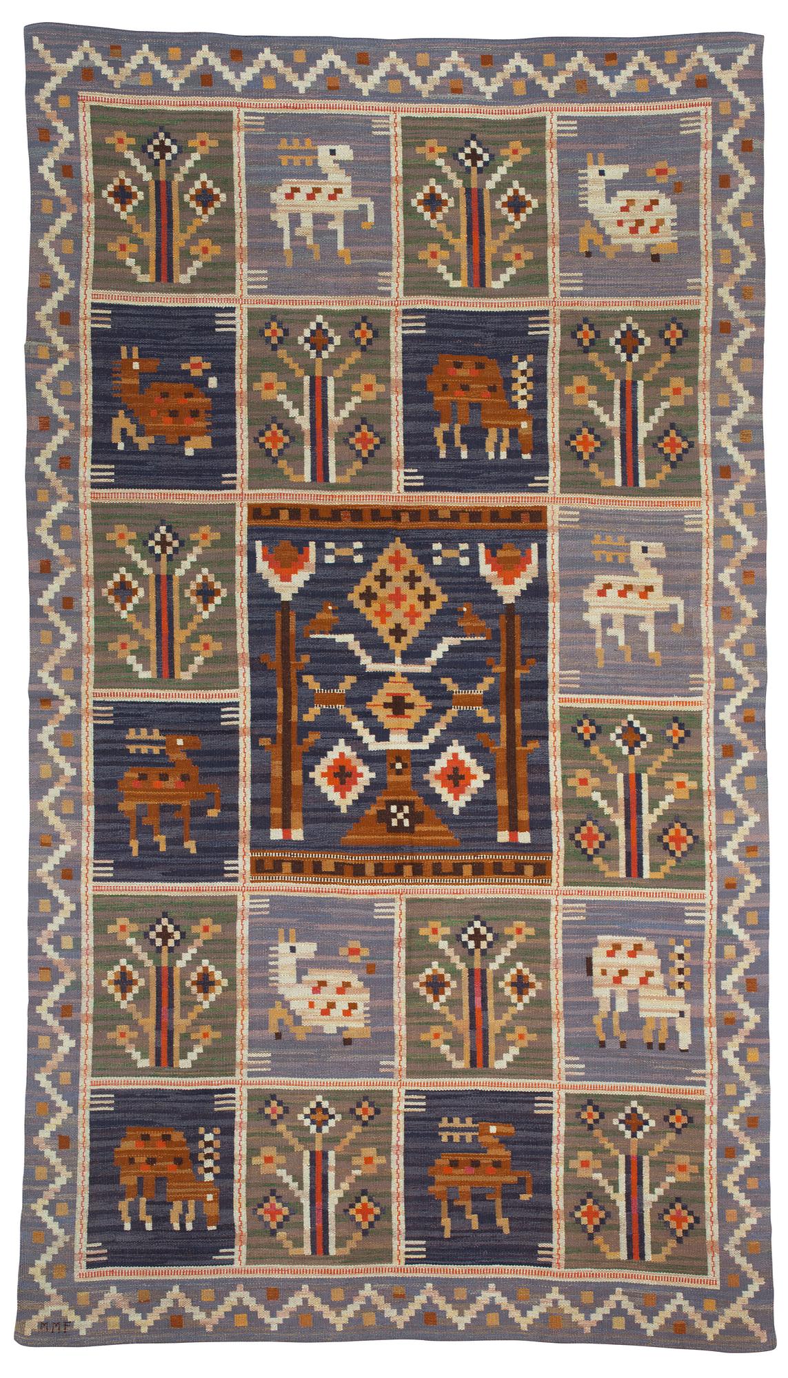 Märta Måås-Fjetterström, A DRAPE, "Djur i fyrkanter", Flat weave. Ca 266 x 154,5 cm. Signed MMF.