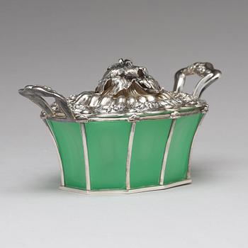 An Austrian mid 19th century silver and green glass bowl and cover on dish, un identified makers mark, Vienna 1845.