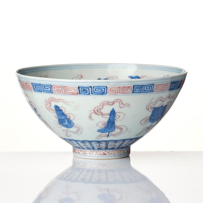 An underglaze blue and iron red bats bowl, China, possibly Republic, 20th century.