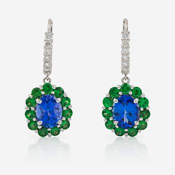1309. A pair of tanzanite, circa 4.00 cts, tsavorite circa 2.60 cts and diamond earrings.
