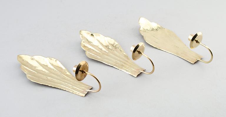 VÄGGLAMPETTER, 3 st, mässing, Firma Lars Holmström, Arvika, 1900-talets mitt.