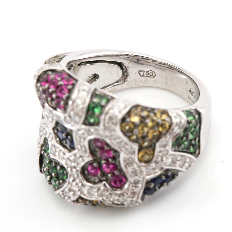 Ring in 18K white gold with round brilliant-cut diamonds and faceted coloured stones.