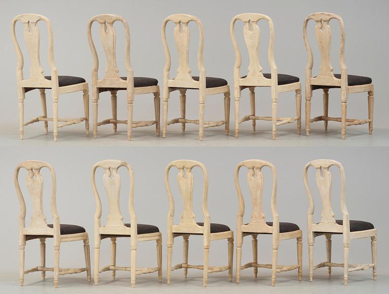 Ten matched Swedish Transition 18th century chairs.