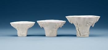1511. A set of three blanc de chine rhinoserous cups, Qing dynasty.