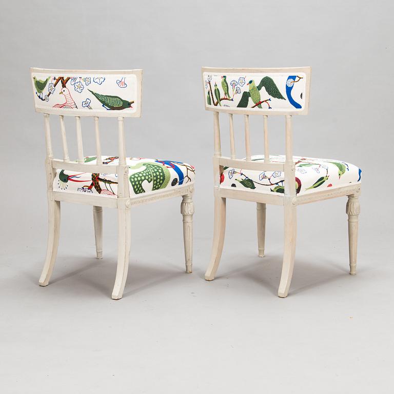 A set of six Late Gustavian chairs from around 1800, upholstery linen fabric designed by Josef Frank.