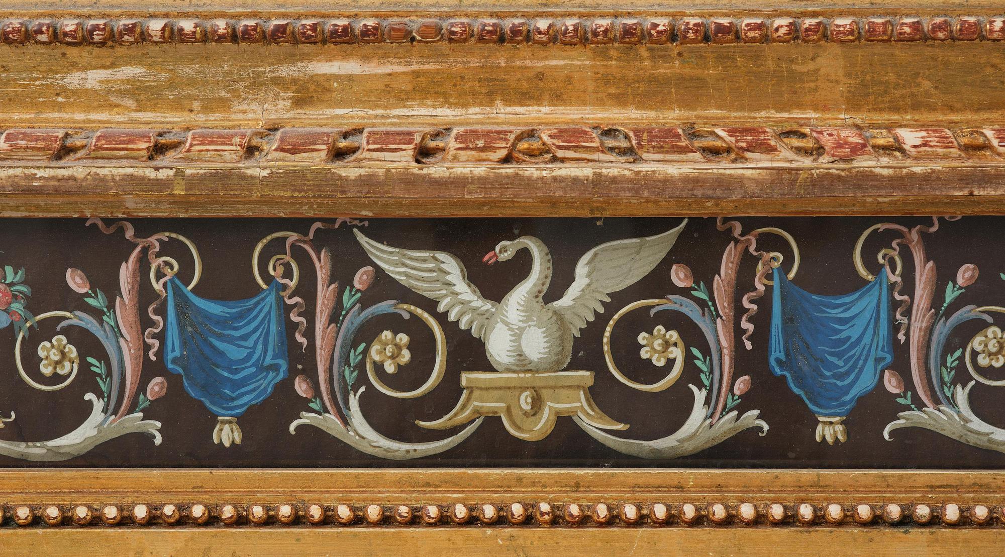 A late Gustavian giltwood and gouache-inset mirror, Stockholm, late 18th century.