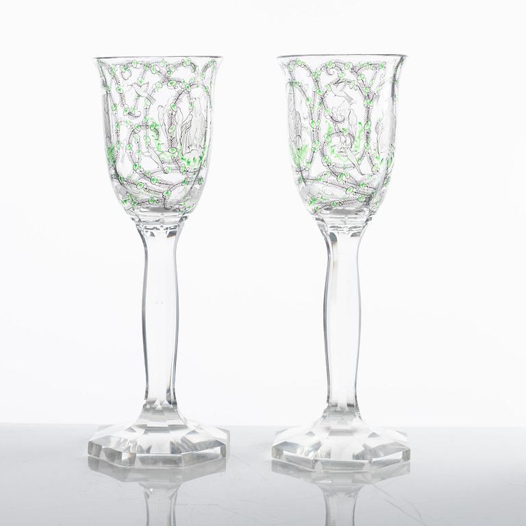 Wine glasses, a pair, Art Nouveau, likely Bohemia, early 20th century.