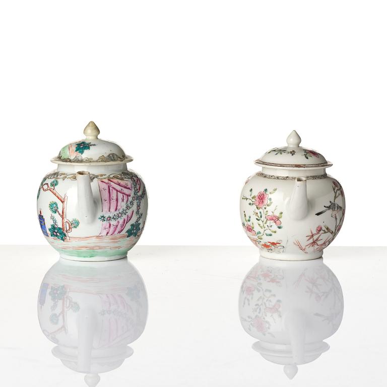 Two famille rose tea pots with covers, Qing dynasty, 18th century.