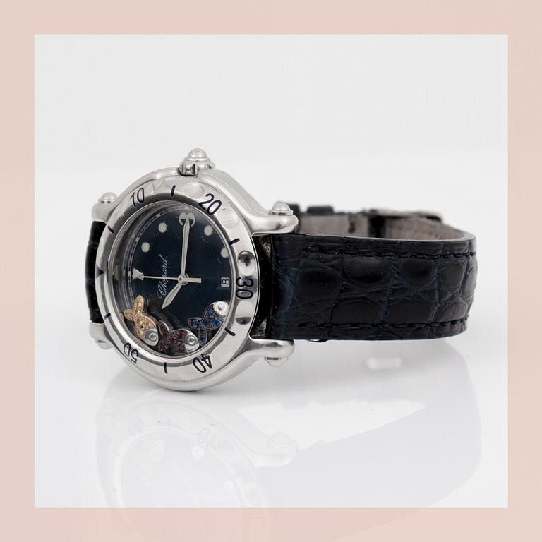 WATCH, Ladies. "Happy Sport" Chopard, Geneva. Stainless steel  and tree moving fishes. 2 original straps.