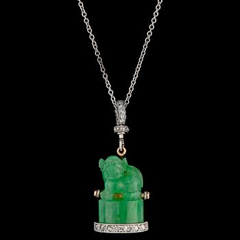1250. A carved jade and rose cut diamond pendant, c. 1900.