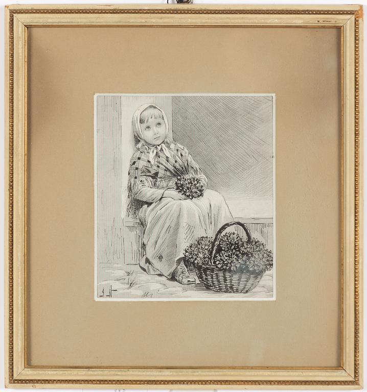 Jenny Nyström, Flicka med blommor, skrapkartong och tusch, monogramsignerad.