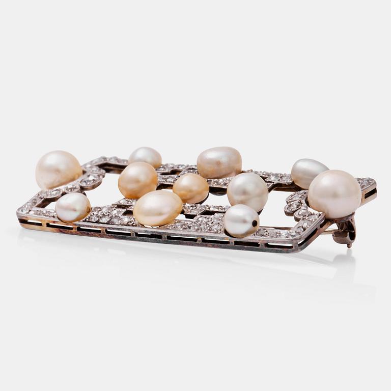 A natural pearl and old- and rose-cut diamond brooch.