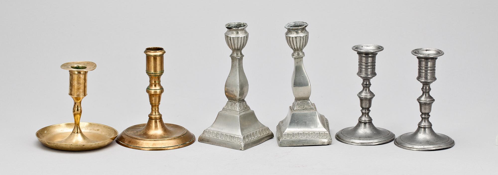 PARTI LJUSSTAKAR, 6st, tenn och mässing, Sverige och möjl Tyskland, tidigt 1800-tal.