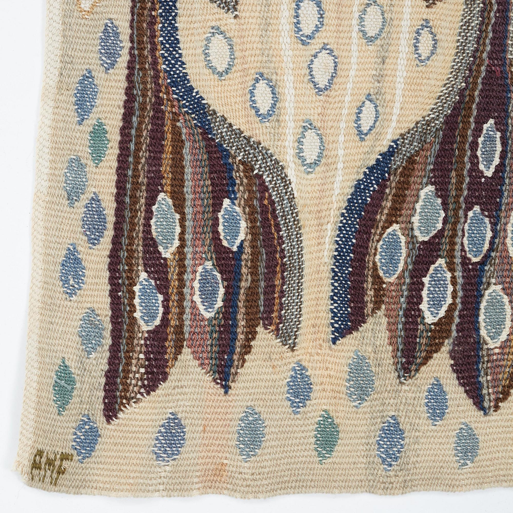 Ann-Mari Forsberg, född Lindbom, a textile, "Blå crocus", tapestry weave, ca 55,5-57 x 84,5-88,5 cm, signed AMF.