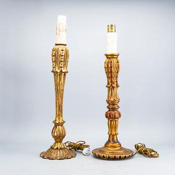 Two mid 20th century wood table lamps from Paoletti, Firenze Italy.