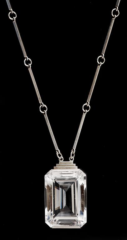 A Wiwen Nilsson sterling and facet cut rock crystal pendant and chain, Lund 1942.