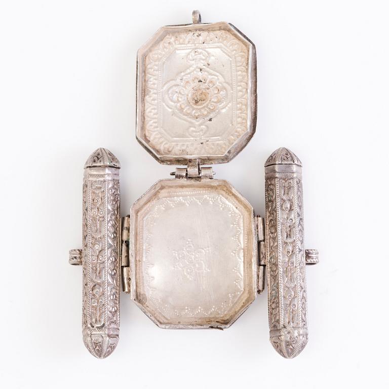 BUCKLE, PENDANT, TEXTILE HOLDER, silver and gold plated silver,  India before 1960's.