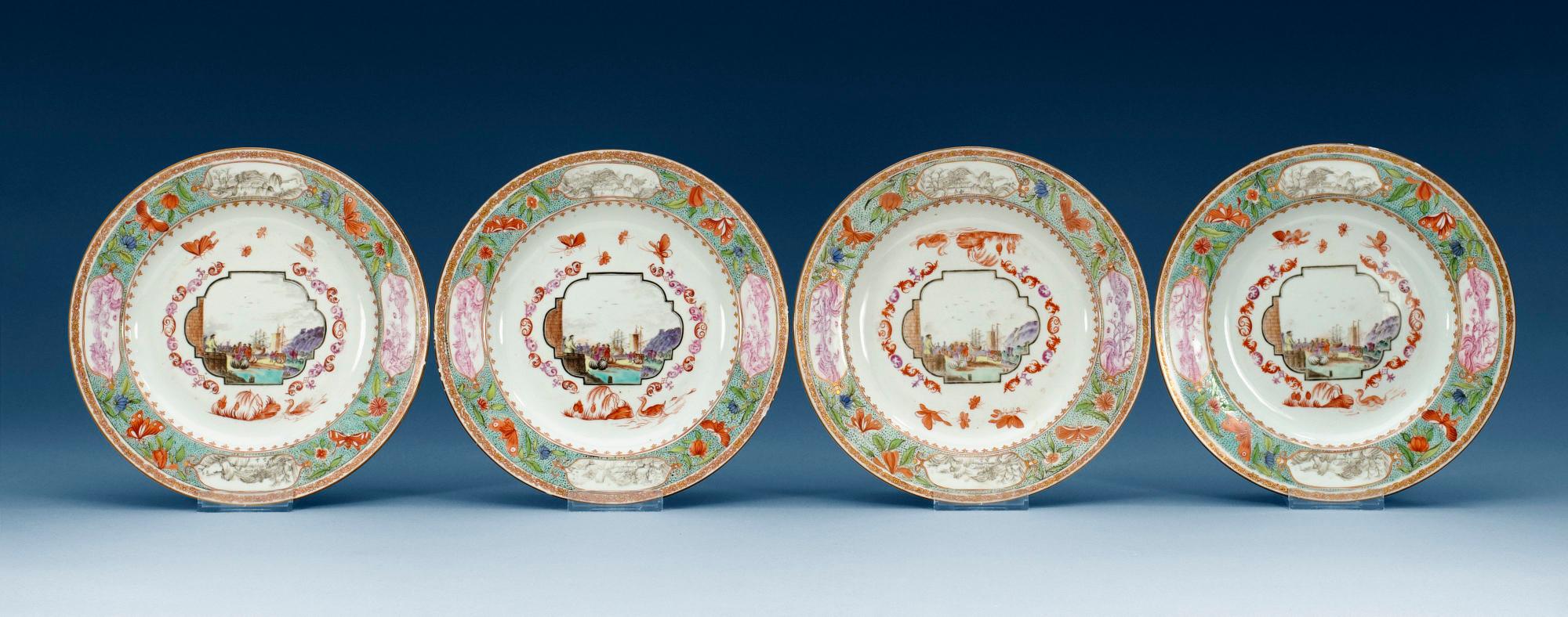 TALLRIKAR, fyra stycken, kompaniporslin. Qing dynastin, Qianlong (1736-95).